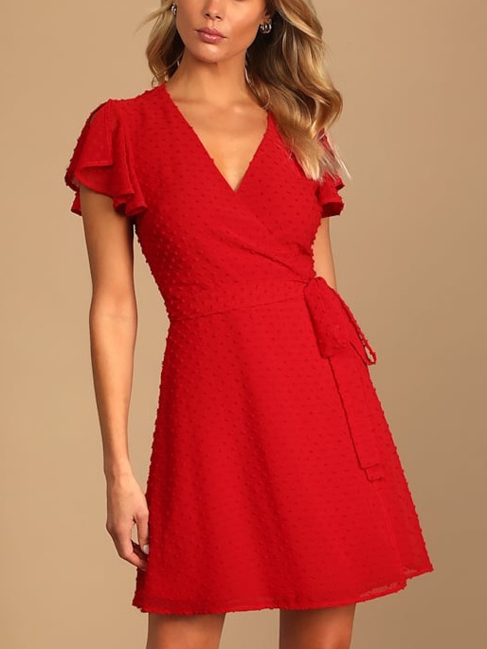 Lulus | Red Swiss Dot Flutter Sleeve Wrap Mini Dress | Much to Celebrate | XS